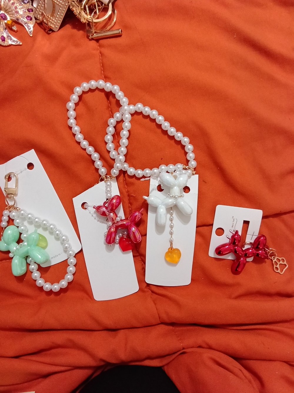 Pearl Beaded Balloon Dog Charm Bracelet - Mint Green,  White & Red CHOOSE ONE
